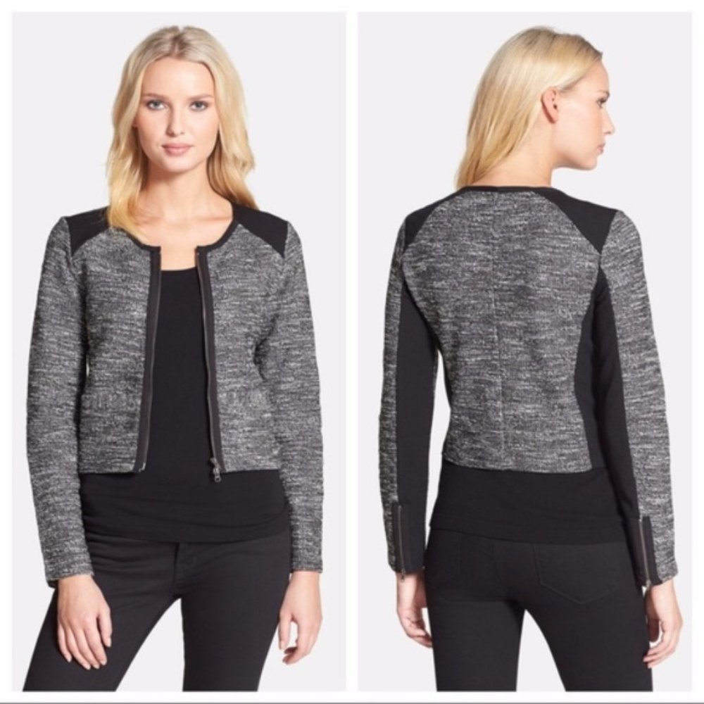 EILEEN FISHER black and gray tweed panel lightweight jacket